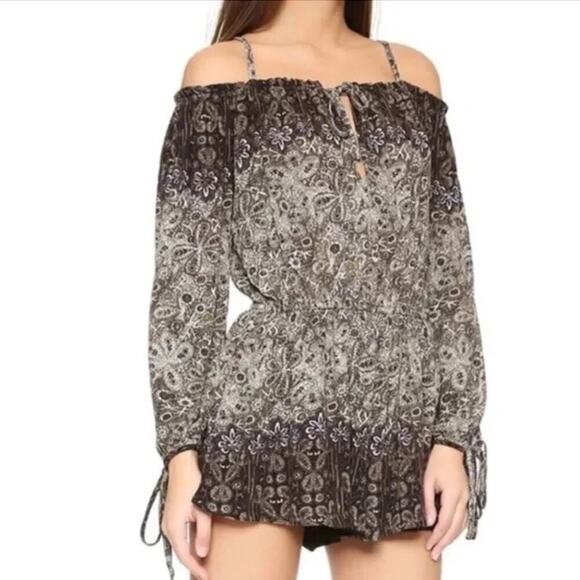 Free People So Divine Off The Shoulder Romper in Brown Cream‎ Paisley Print, XS - Picture 2 of 10